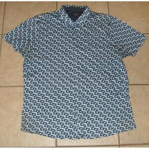 RAFFI Mens Sz XXL Blue Print Casual Wear Button Up Soft Stretchy Cotton Shirt